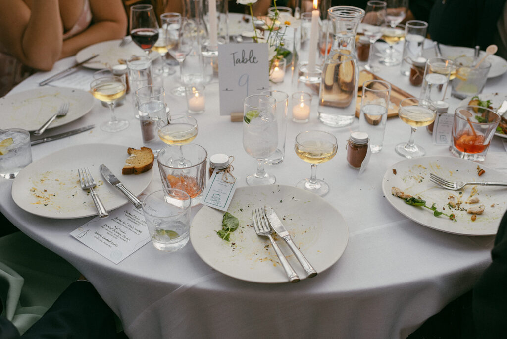 A round table set for dinner at a Whidbey Island wedding reception 