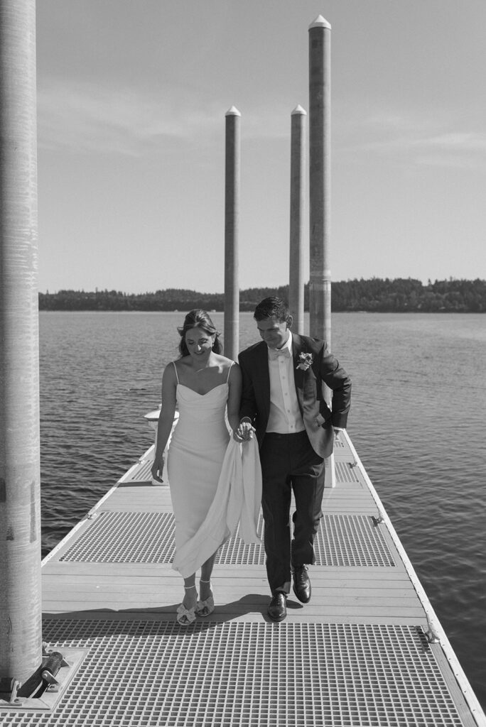 A black and white image of newlyweds photographed at their Whidbey Island wedding 