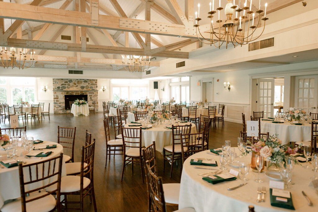 The reception area at Barker House by Wedgewood Weddings is photographed before a New England wedding 