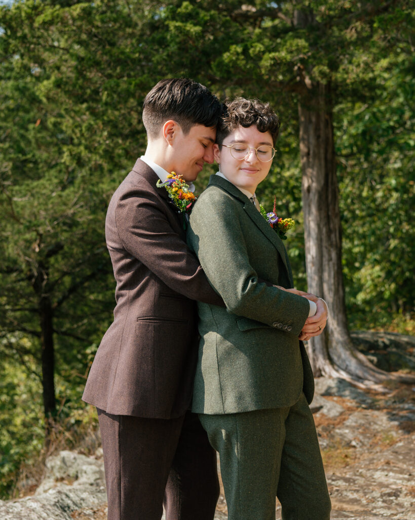 A photo of newlyweds taken by LGBT wedding photographer, Mossfloor Photography, at the couple's wedding in North Salem, NY