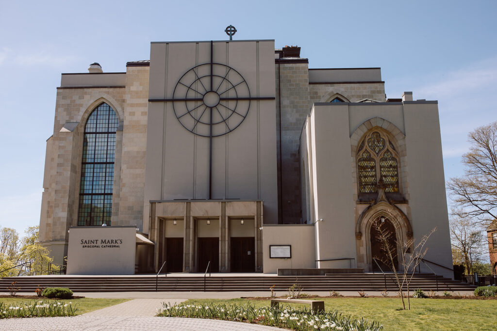 Saint Mark's Episcopal is photographed from the exterior prior to a wedding in Seattle 
