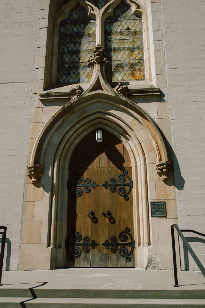 The front door of St. Mark's is photographed before a Seattle wedding 